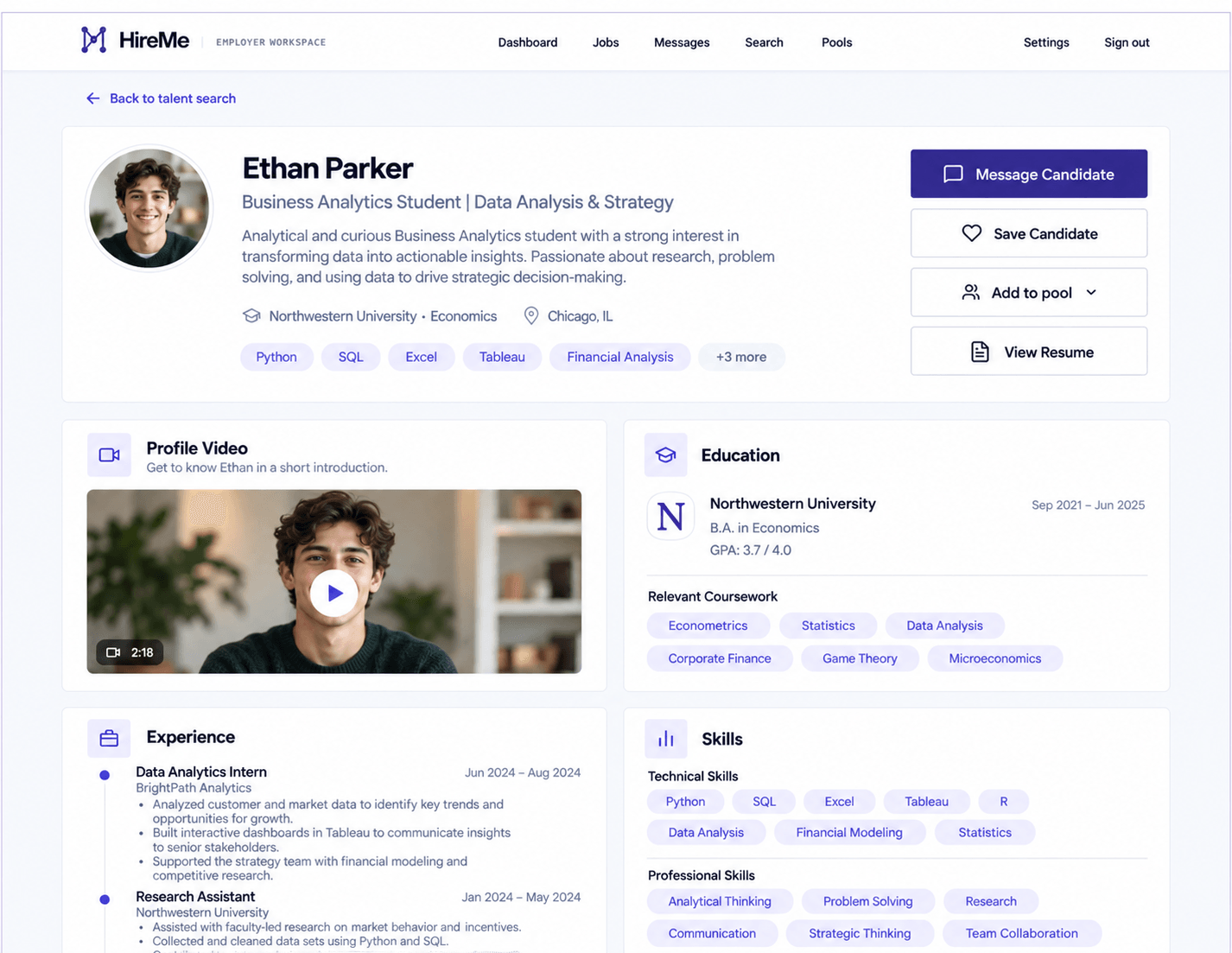 HireMe candidate profile showing experience, education, skills, video, and employer actions