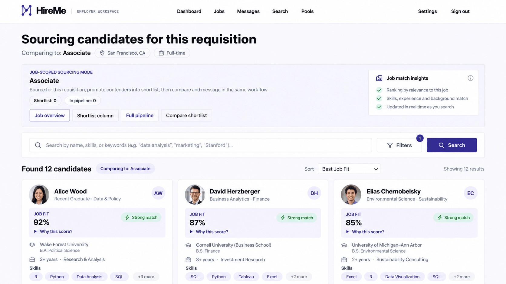 HireMe job-scoped candidate search showing Best Job Fit rankings