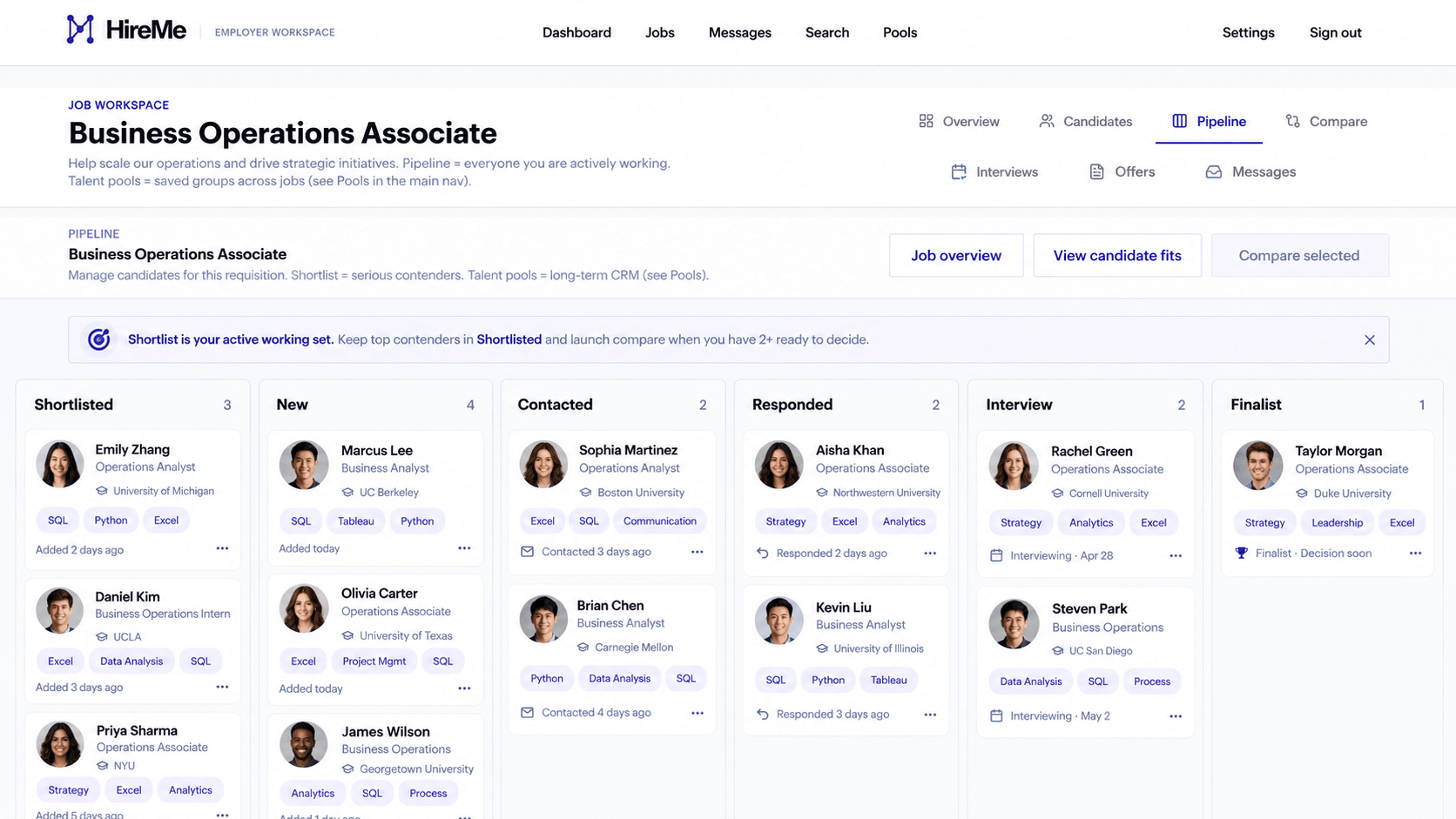 HireMe hiring pipeline showing candidates moving through recruiting stages