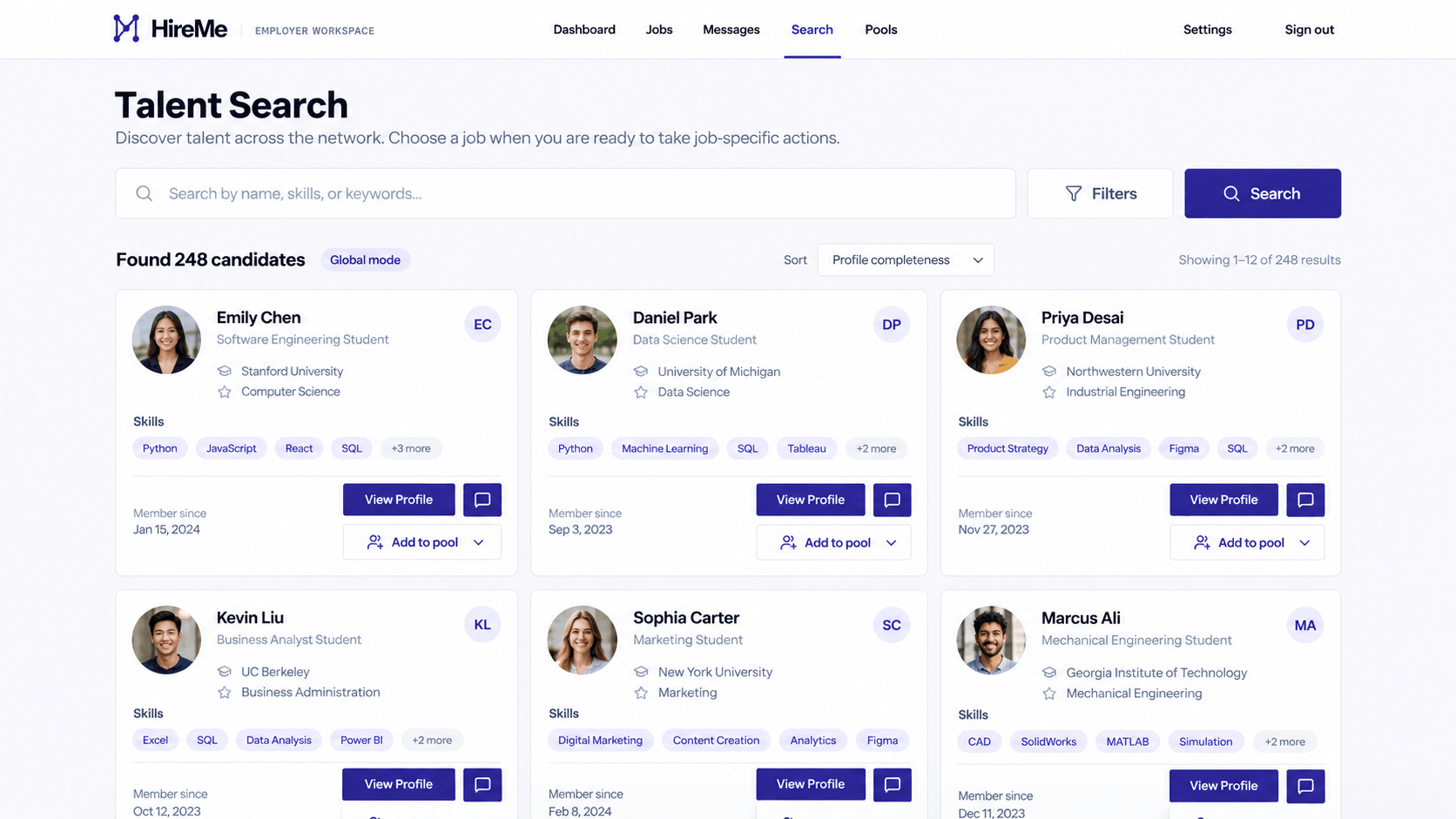 HireMe Talent Search showing searchable candidate profiles